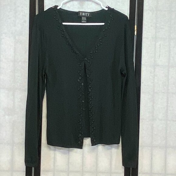 Finity Black Rib Knit Open Cardigan Sweater Long Sleeve V-Neck Button Accent L - Picture 1 of 12